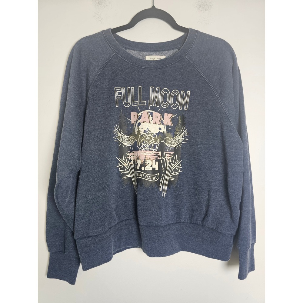 Boho Indie Cleo + Wolf Graphic Sweatshirt Women L Blue Full Moon Park Festival